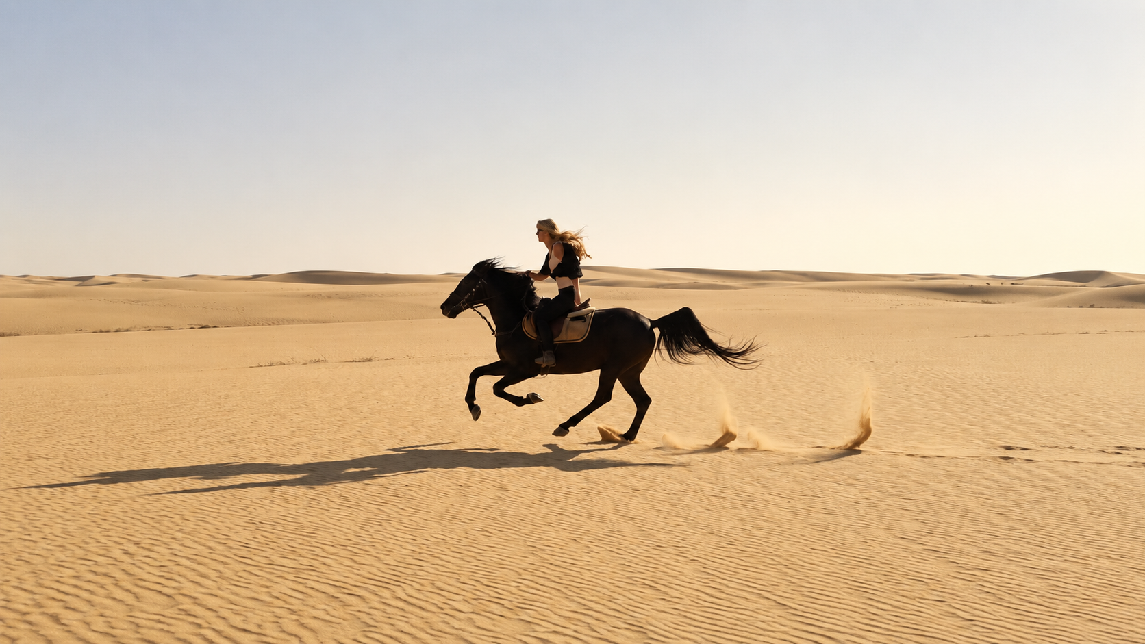 Jinete sobre su caballo en las dunas del desierto